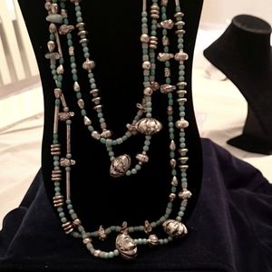 Long Silvertone And Turquoise Beaded Necklace